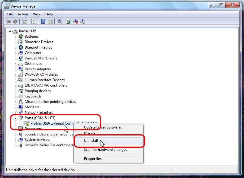 Prolific usb to serial comm port  